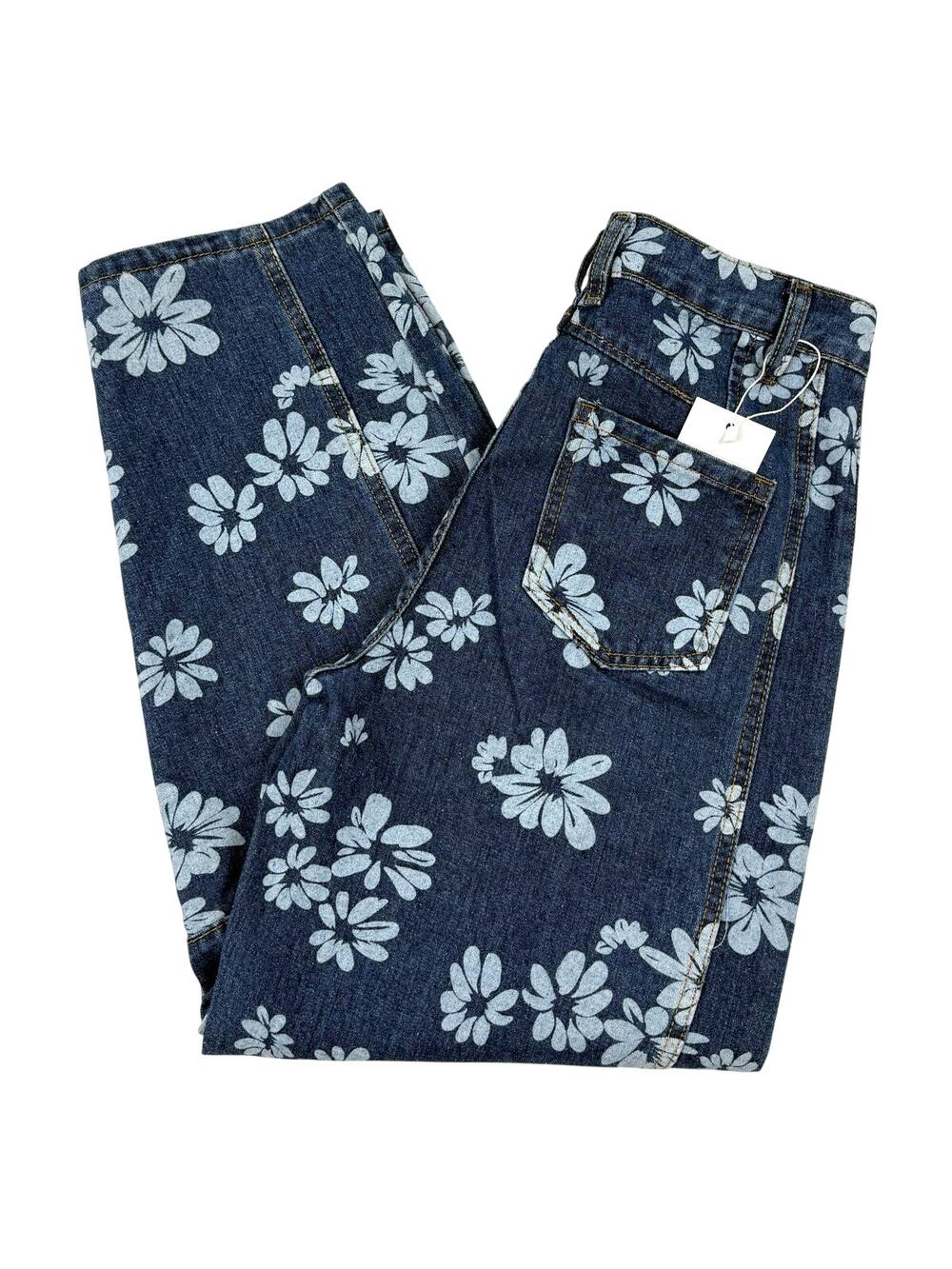 Shapum Floral Barrel Leg Jeans Blue Daisy Print on Denim Women's Small NWT